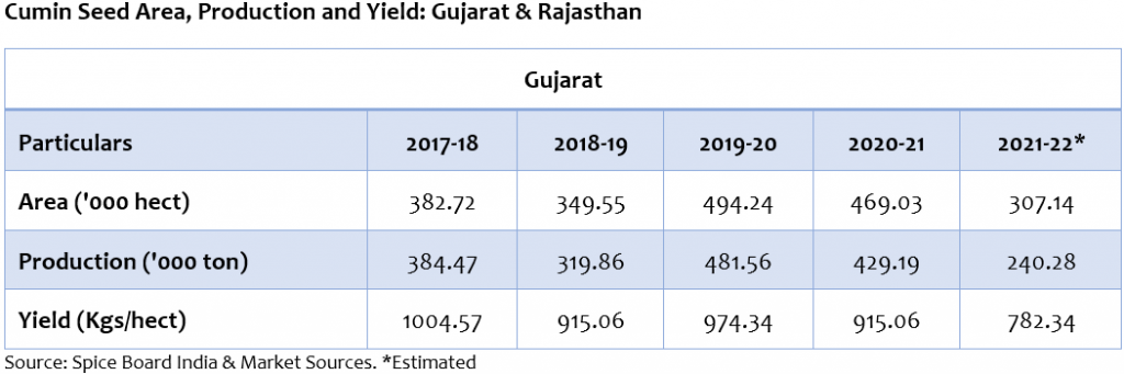 cumin area, production and yield in gujrat 